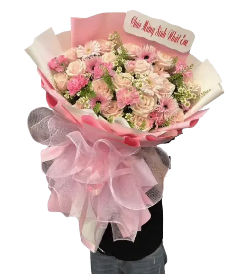 Bó hoa hồng phấn xen hoa cúc