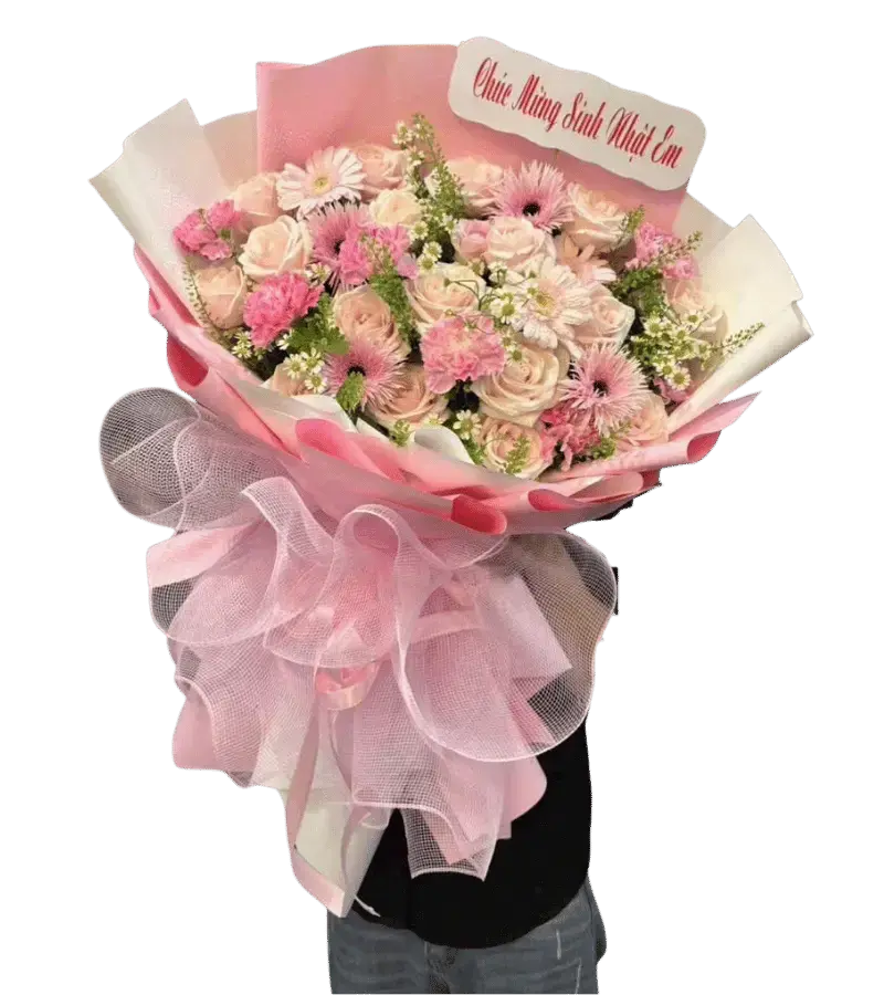 Bó hoa hồng phấn xen hoa cúc
