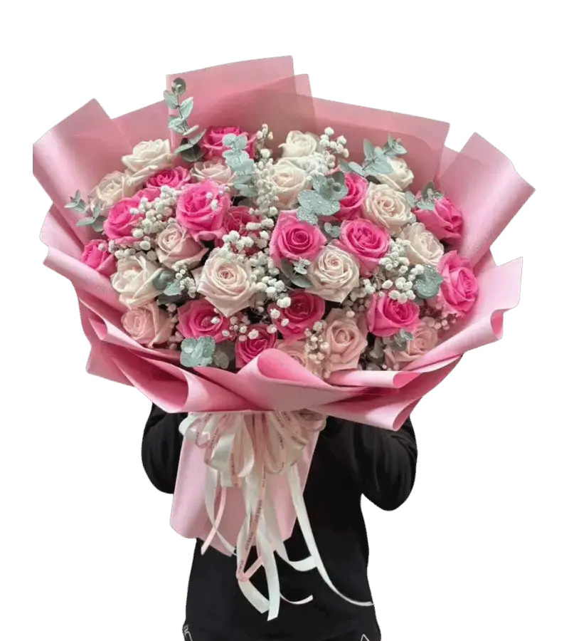 Bó hoa hồng phối trắng hồng cánh sen