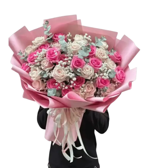 Bó hoa hồng phối trắng hồng cánh sen