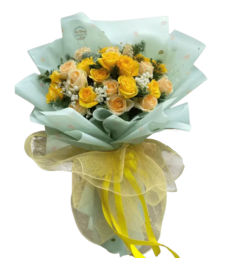 Bó hoa hồng vàng phối kem