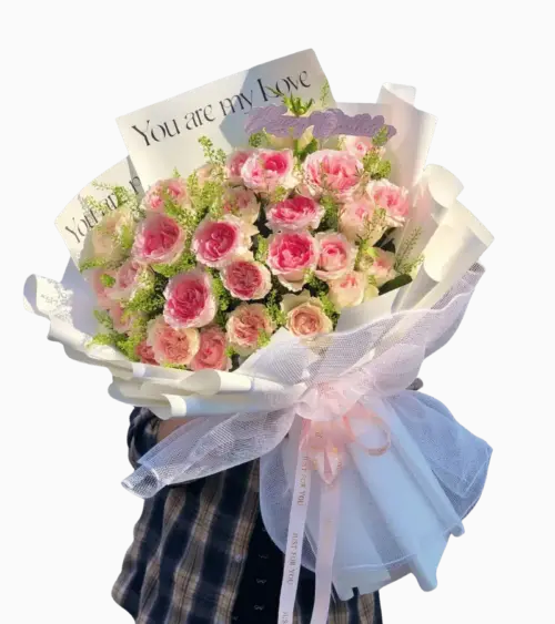 Bó hoa hồng phấn kèm thiệp yêu thương