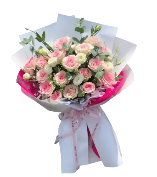 Bó hoa hồng đỏ xen hoa cát tường vàng