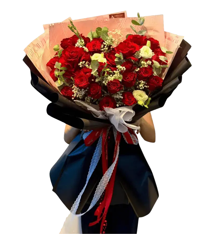 Bó hoa hồng kem trắng phối cát tường