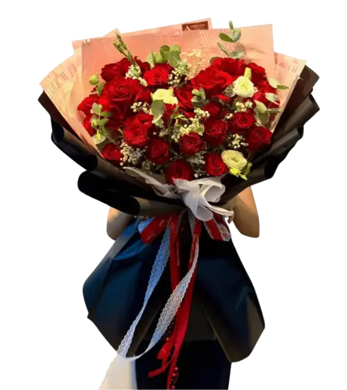 Bó hoa hồng kem trắng phối cát tường