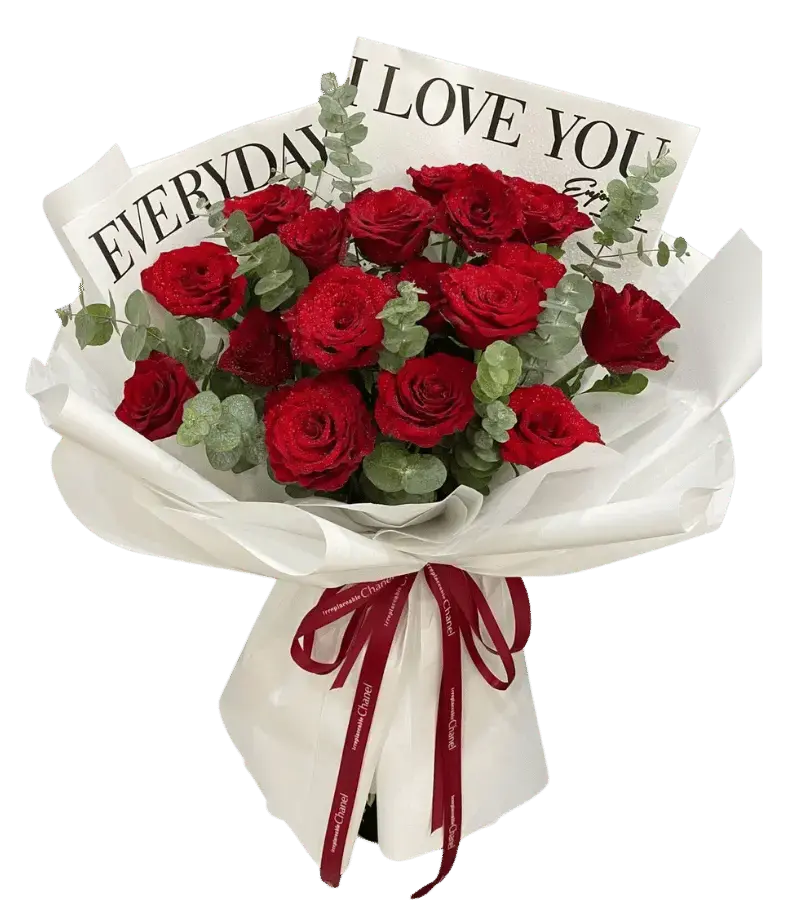 Bó hoa hồng đỏ gói trắng kèm thiệp I Love You