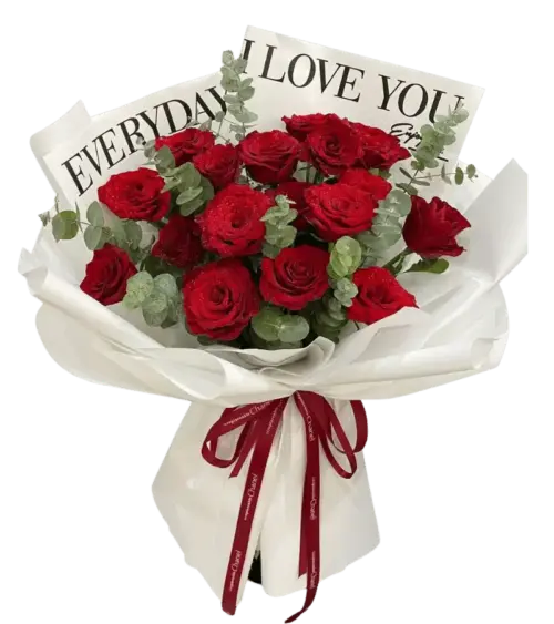 Bó hoa hồng đỏ gói trắng kèm thiệp I Love You