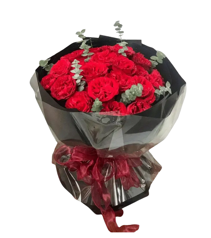 Bó hoa hồng đỏ gói đen nơ đỏ