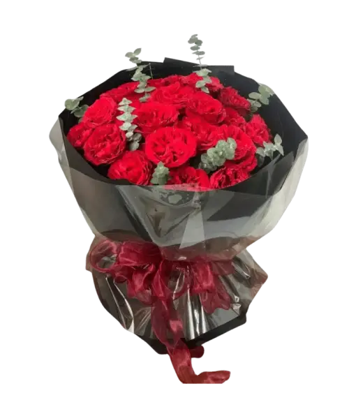 Bó hoa hồng đỏ gói đen nơ đỏ