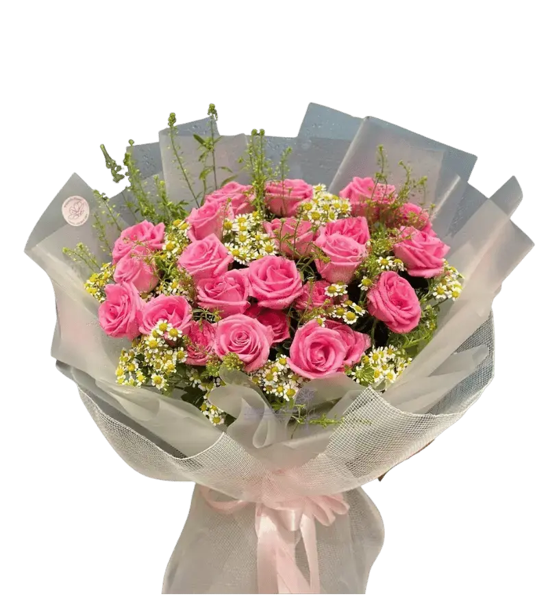Bó hoa hồng phấn xen hoa cúc tana
