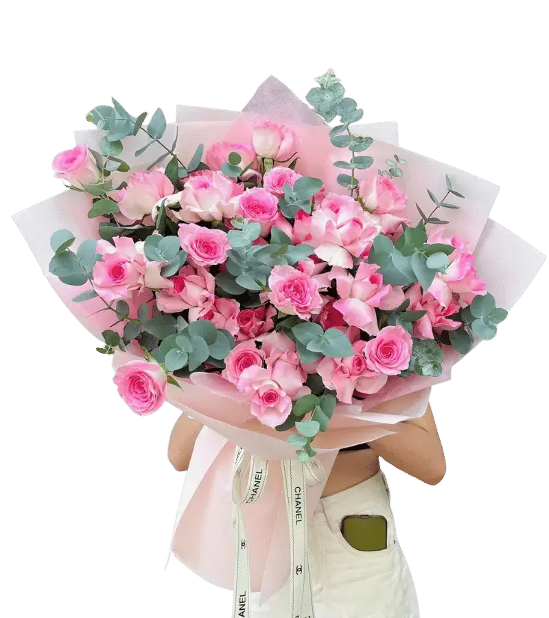 Bó hoa hồng phấn lớn phối trắng