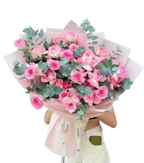 Bó hoa hồng phấn lớn phối trắng