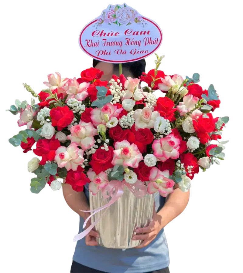 Giỏ hoa hồng đỏ viền trắng khai trương