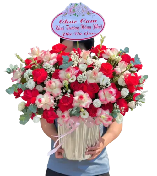 Giỏ hoa hồng đỏ viền trắng khai trương