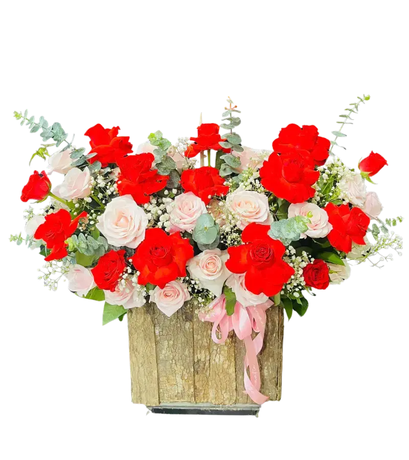 Giỏ hoa hồng đỏ hồng phấn giỏ vỏ cây