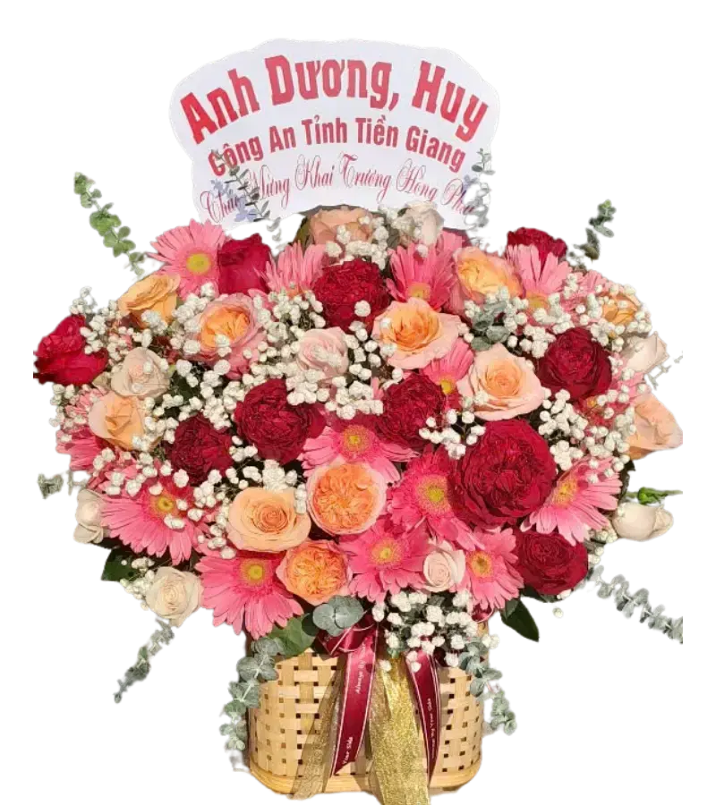 Giỏ hoa hồng đỏ cam đồng tiền hồng khai trương