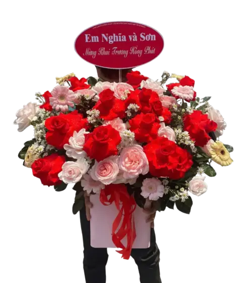 Giỏ hoa hồng đỏ trắng khai trương