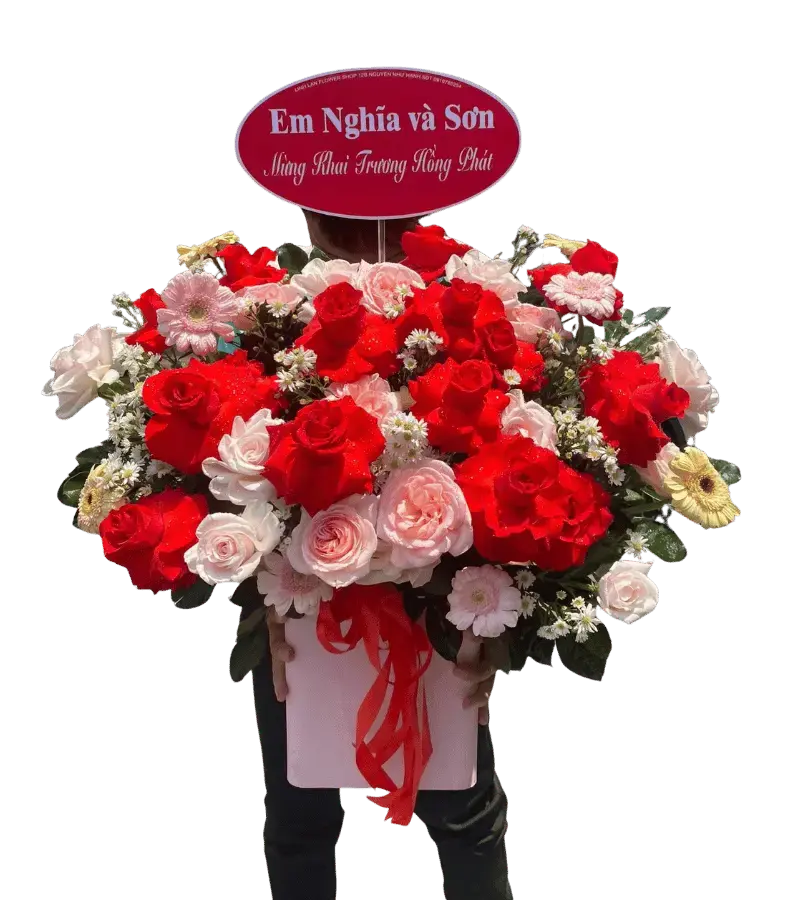 Giỏ hoa hồng đỏ trắng khai trương