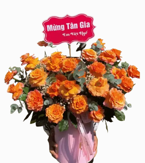 Giỏ hoa hồng cam mừng tân gia