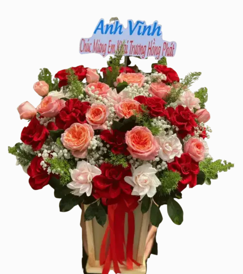 Giỏ hoa hồng đỏ cam trắng khai trương