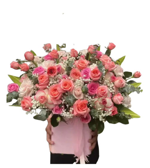 Giỏ hoa hồng cam san hô hồng phấn
