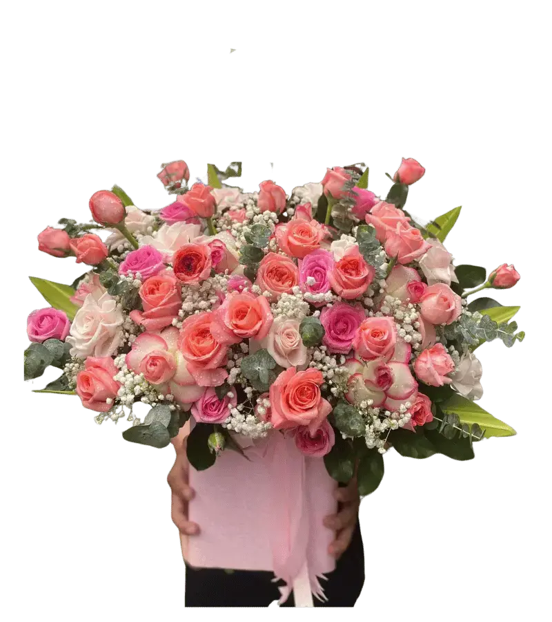 Giỏ hoa hồng cam san hô hồng phấn