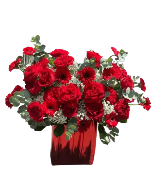 Giỏ hoa hồng đỏ đồng tiền đỏ