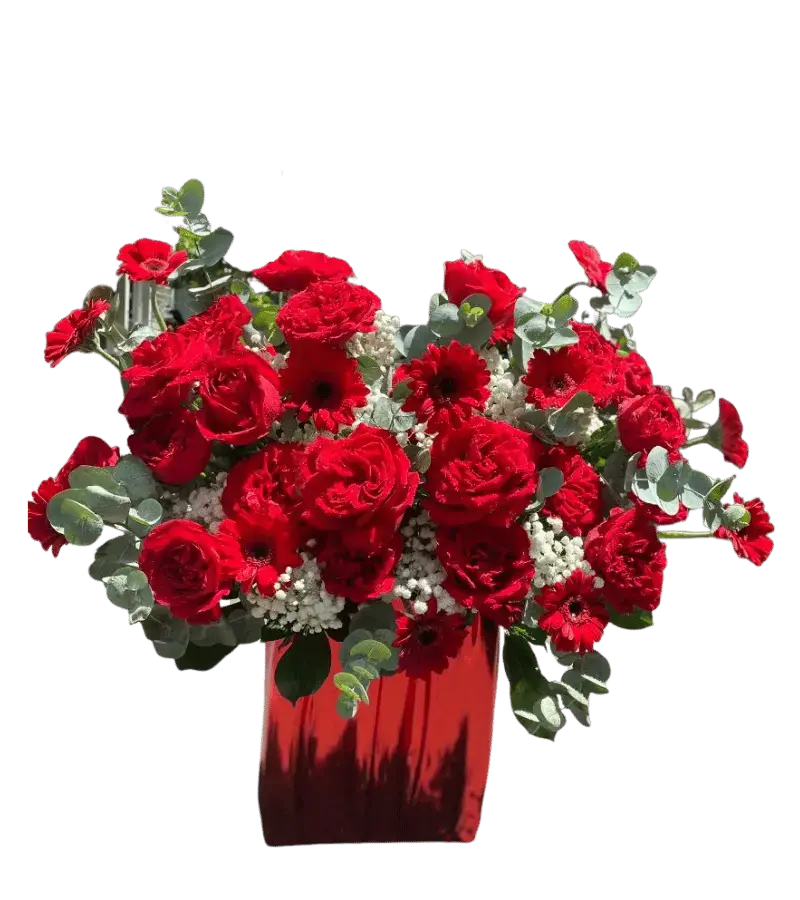 Giỏ hoa hồng đỏ đồng tiền đỏ