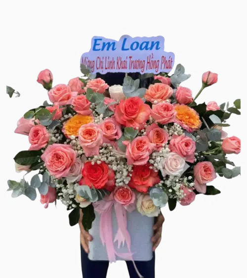 Giỏ hoa hồng cam san hô phối cam vàng