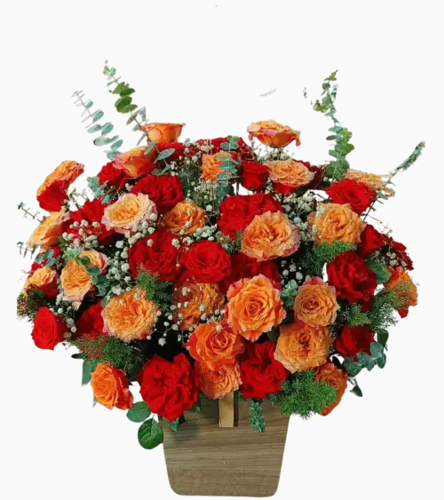 Giỏ hoa hồng đỏ cam giỏ gỗ