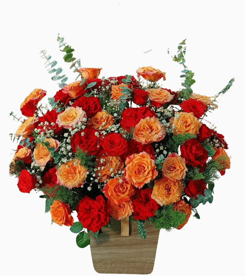 Giỏ hoa hồng đỏ cam giỏ gỗ