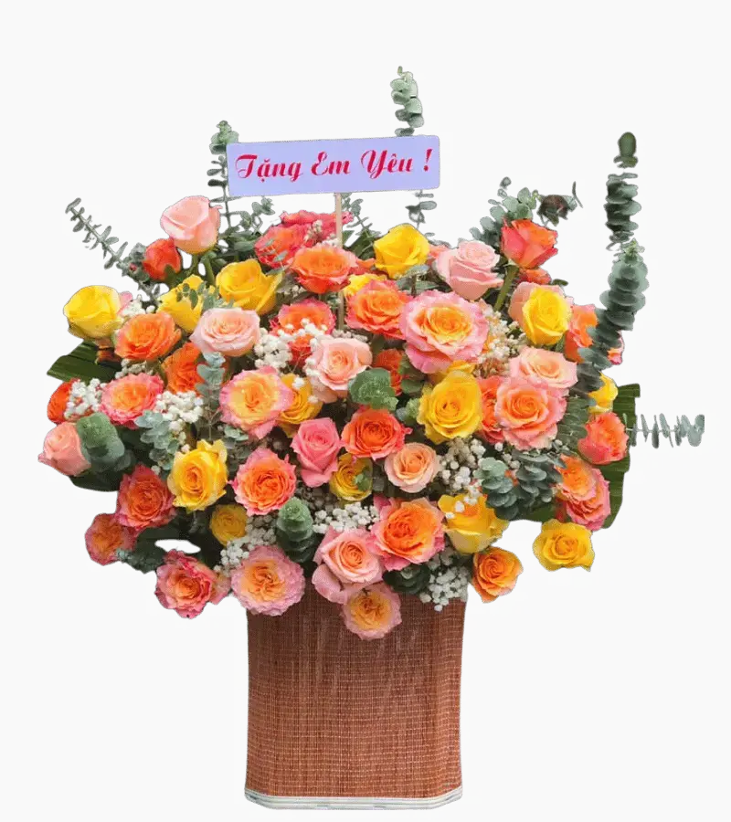 Giỏ hoa hồng vàng cam hồng đa sắc
