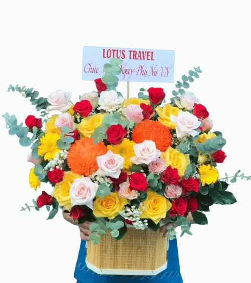 Giỏ hoa hồng vàng đỏ trắng cúc mâm xôi