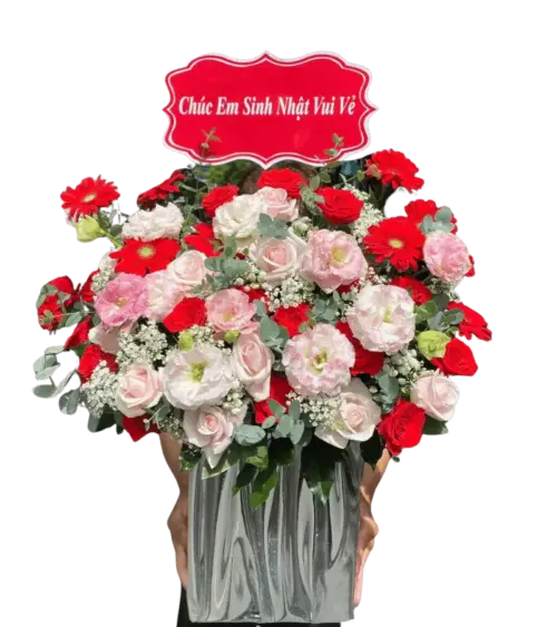 Giỏ hoa mix đỏ hồng trắng