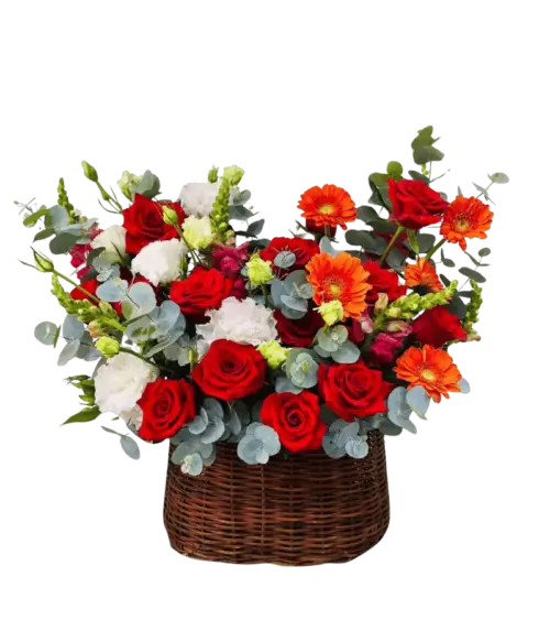 Giỏ hoa hồng đỏ đồng tiền cam trắng giỏ mây tối