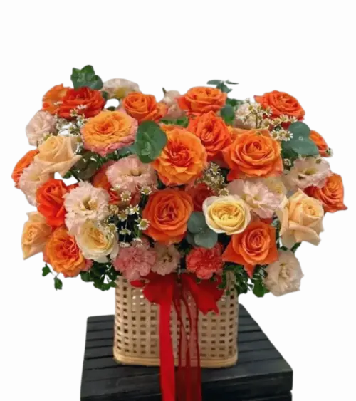Giỏ hoa hồng cam cẩm chướng giỏ nan tre