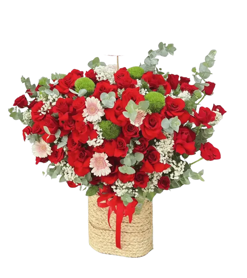 Giỏ hoa hồng đỏ cúc xanh