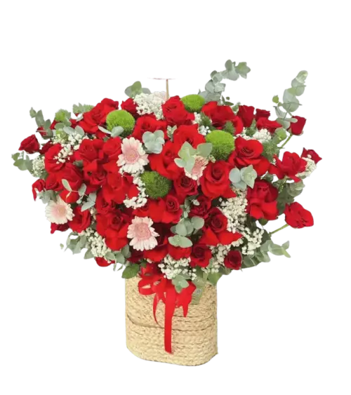 Giỏ hoa hồng đỏ cúc xanh