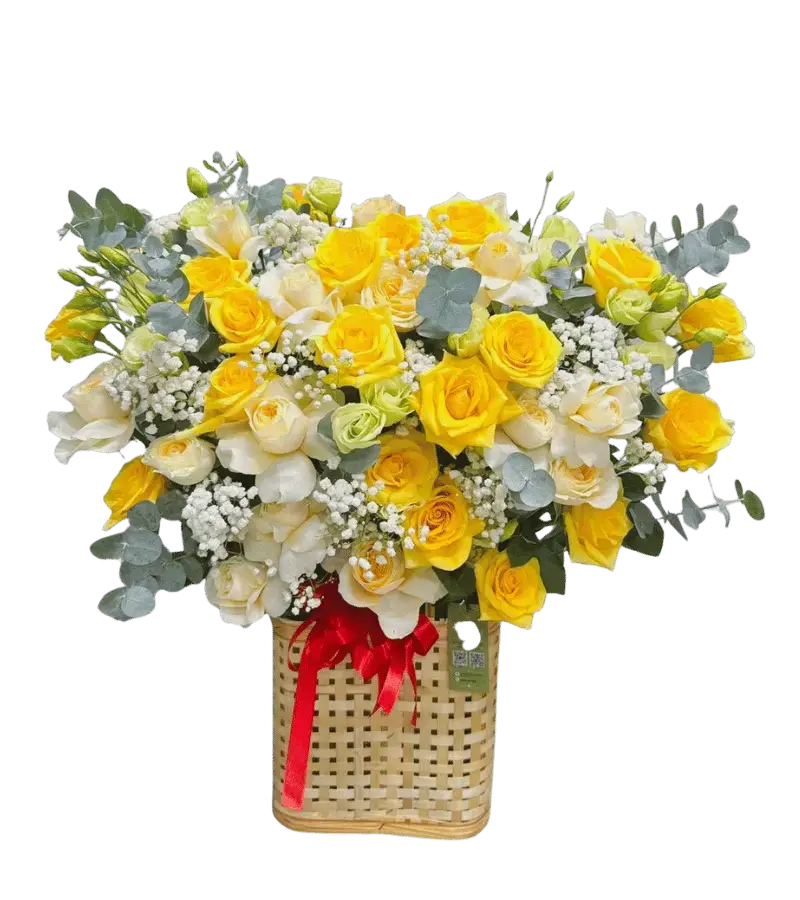 Giỏ hoa hồng vàng trắng lisianthus giỏ nan