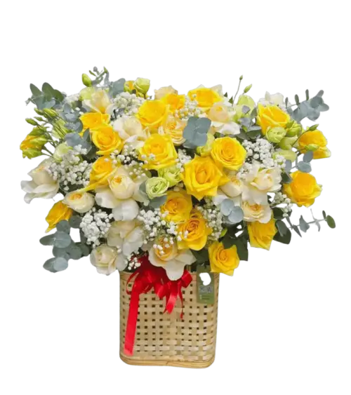 Giỏ hoa hồng vàng trắng lisianthus giỏ nan