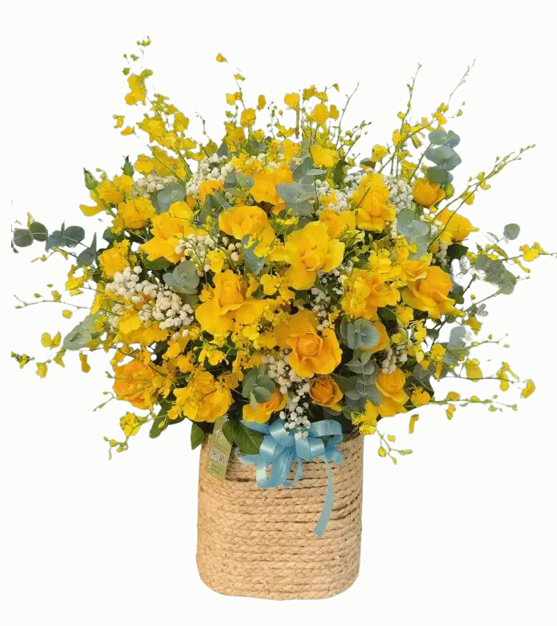 Giỏ hoa hồng vàng oncidium giỏ cói