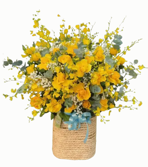 Giỏ hoa hồng vàng oncidium giỏ cói