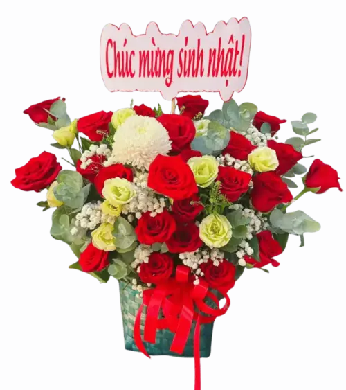 Giỏ hoa hồng đỏ vàng nhạt cúc trắng sinh nhật