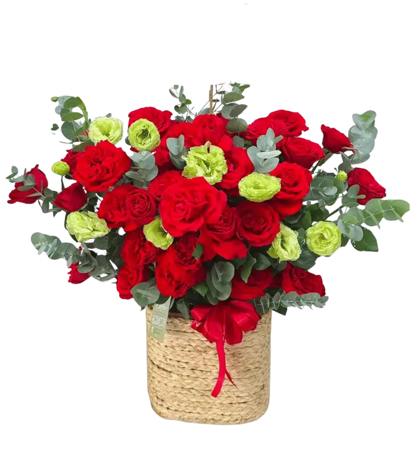 Giỏ hoa hồng đỏ lisianthus xanh chanh giỏ đan