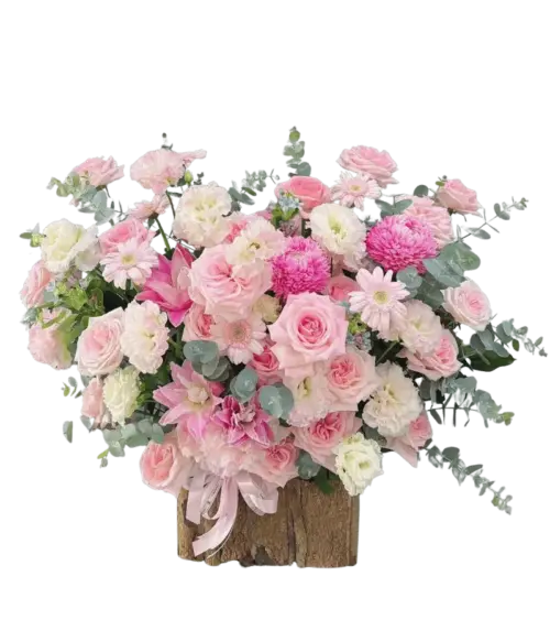Giỏ hoa hồng phấn cúc mâm xôi hồng chân đế