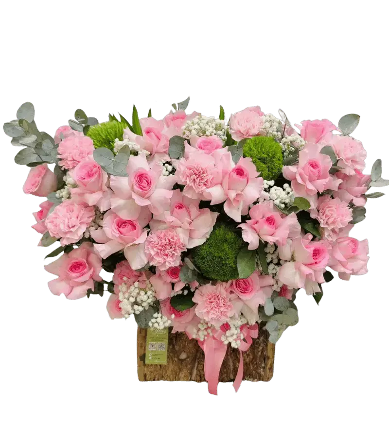 Giỏ hoa hồng phấn cẩm chướng gỗ