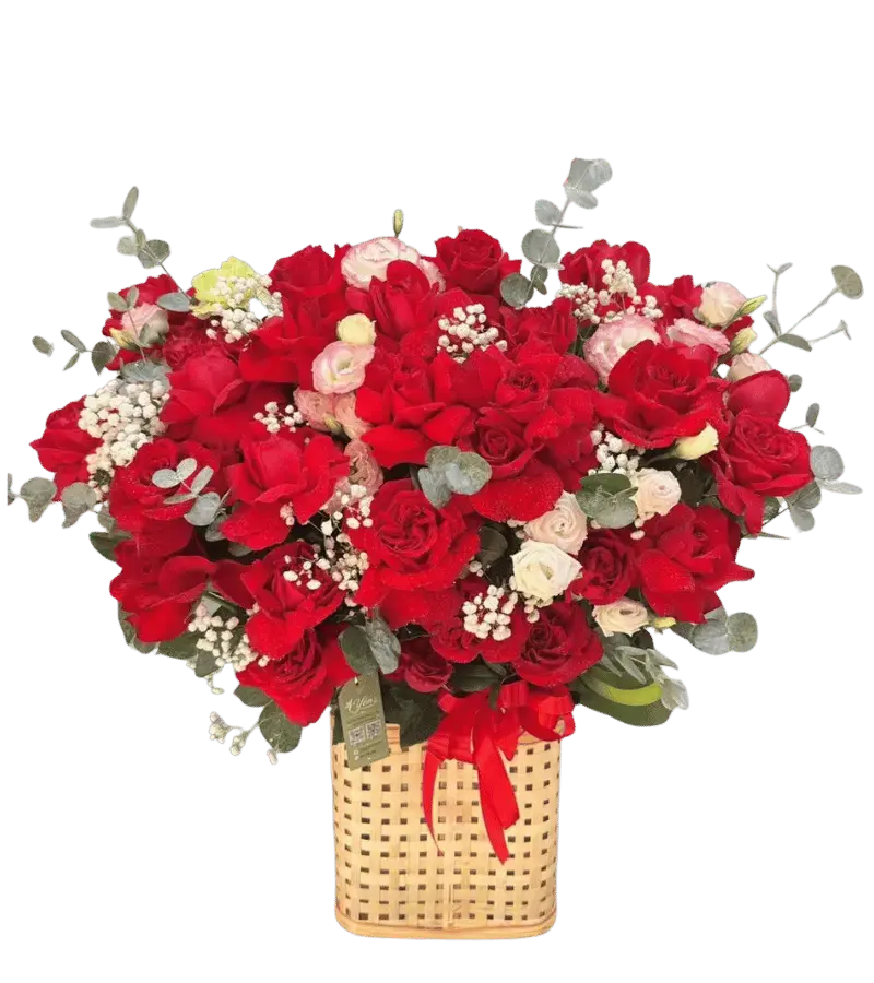 Giỏ hoa hồng đỏ hồng nhạt lisianthus giỏ nan tre