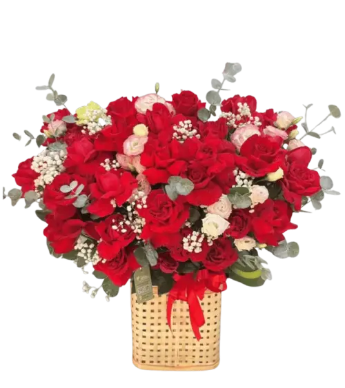 Giỏ hoa hồng đỏ hồng nhạt lisianthus giỏ nan tre