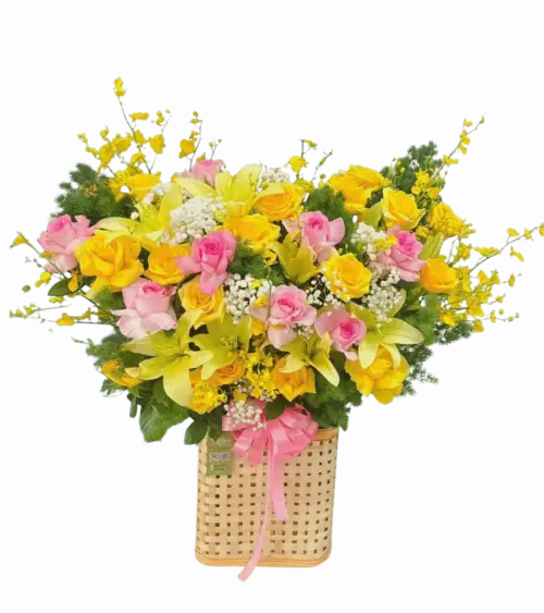 Giỏ hoa hồng vàng hồng ly vàng oncidium