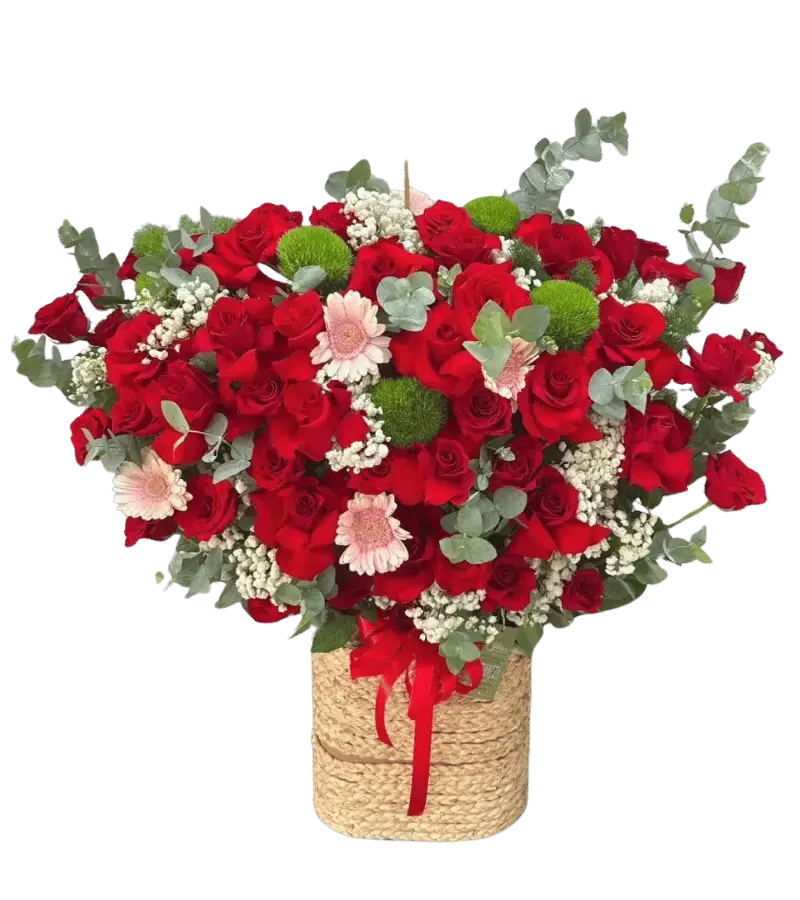 Giỏ hoa đỏ cúc đồng tiền hồng